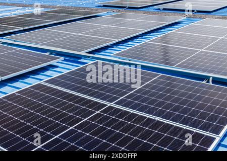 Nahaufnahme Sonnenkollektor. Solarzelle. Solar Photovoltaik-Panel-System. Energieeinsparung mit sauberer Energie in der Business Engineering Industrie. Stockfoto