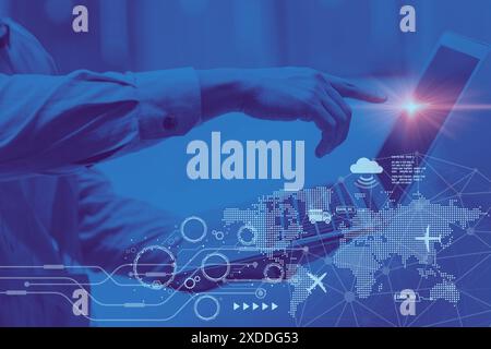 Digital Technology Global Management in der Logistikbranche Konzept. Versand Import Export Cargo Tracking Konnektivität Hintergrund. Stockfoto