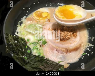 Genießen Sie die reichen Aromen eines perfekt gefertigten Tonkotsu-Ramen mit zartem Schweinefleisch, weich gekochten Ei und frischen Zwiebeln. Stockfoto