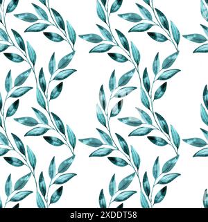 Nahtloses Blumenmuster mit türkisfarbenen Blättern, Zweigen und Blüten. Aquarellmuster für Stoff. Türkisfarbene Äste auf weißem Hintergrund. Stockfoto