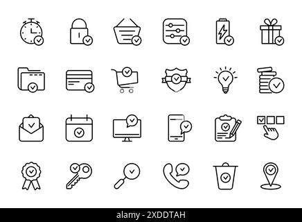 Set von Symbolen für Genehmigungspositionen. Markierungen, Häkchen Lineares Piktogramm. Enthält Symbole wie Checkliste, Test, Zuschlag, Qualitätskontrolle. Dünne Linienkonstruktion Stock Vektor