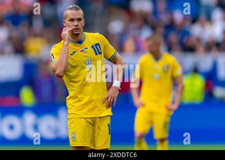 DÜSSELDORF, DEUTSCHLAND - 21. JUNI: Mykhailo Mudryk aus der Ukraine reagiert beim Spiel der Gruppe E - UEFA EURO 2024 zwischen der Slowakei und der Ukraine in der Merkur Spiel-Arena am 21. Juni 2024 in Düsseldorf. (Foto: Joris Verwijst/BSR Agency) Stockfoto