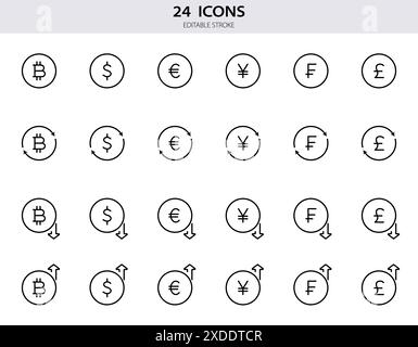 Dollar, Euro, Bitcoin, Pfund, Franken, Yen-Zeilensymbole. Set von Symbolen für Währungsumtauschpositionen. Wachstum und Rückgang der Fremdwährung. Skizzieren Sie Geldzeichen für Stock Vektor