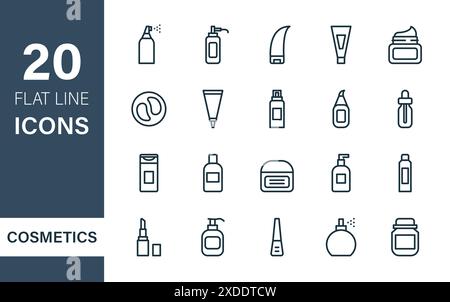 Kosmetikprodukte für Körper-, Haut- und Haarpflege. Set mit Symbolen für die Linie der kosmetischen Flasche. Flaschen mit Spray, Spender, Cremebehälter, Tube und verschiedenen Stock Vektor