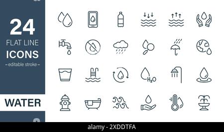 Symbolgruppe Wasserlinie. Symbol Tropfen Wasser Dünn Linear. Mineralwasser, Ebbe und Flut, Dusche, Plastikflasche und Glaskontur Piktogramm. Hydrant Stock Vektor