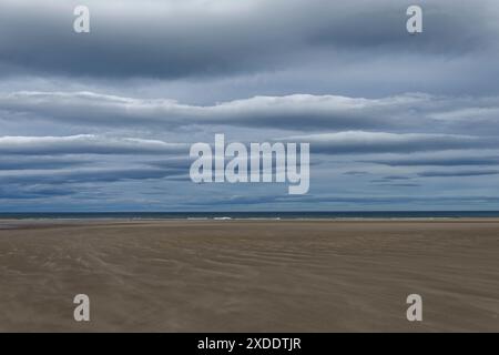 Eine außergewöhnlich niedrige Flut in der Lunan Bay, die einen riesigen Sandstrand unter Schichten grauer Wolken freilegt. Stockfoto