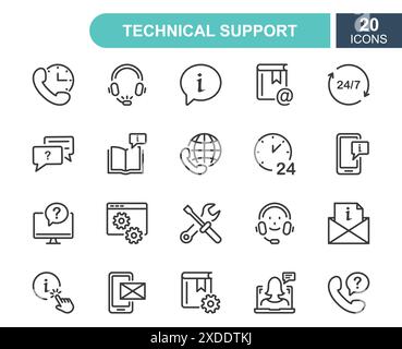 Satz von Hilfs- und Support-Zeilensymbolen. Telefonassistent, Onlinehilfe, Videochat und FAQ-Leitungs-Symbole. Internet-Support und Kontaktservice. Runduhr Stock Vektor