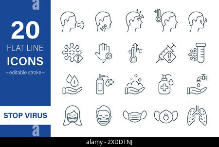 Coronavirus und Grippe Linear Symbolsatz. Coronavirus-Sicherheit, Maskenschutz, Grippekrankheit Prävention und Symptome Piktogramm. Hand waschen, antiseptisch und Stock Vektor