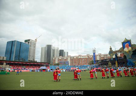 Ulaanbaatar, Mongolei. Juli 2023. Mongolisches Naadam-Festival 2023, National Wrestling. Quelle: L.Enkh-Orgil. Stockfoto