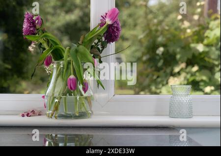 Leicht welkende lila Blumen in einer Glasvase und eine leere Glasvase auf einem Regal vor dem Fenster mit verschwommenem Blattgarten im Hintergrund Stockfoto