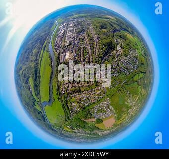 Luftaufnahme, Ruhr und Ruhrtal Wengern-Süd, Industriegebiet auf der Bleiche, Industriegebiet Herinhäuser Feld, Erdkugel, Fischaugenbild, 36 Stockfoto