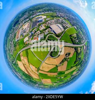 Luftaufnahme von Witten, Autobahnausfahrt Witten-Annen, Stadtteil Vöckenberg, Autobahn A448, Fisheye, Fischauge, Ruhrgebiet, Nordrhein-Westfalen, Deutschland, AE Stockfoto