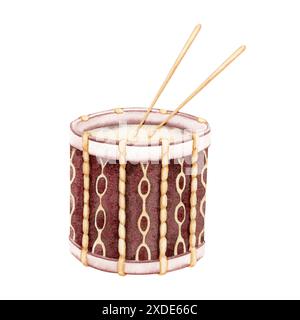 Vintage-Militärtrommel. Klassische Musik. Aquarellabbildung isoliert auf weißem Hintergrund. Musikalisches Perkussionsinstrument für Konzertprogra Stockfoto