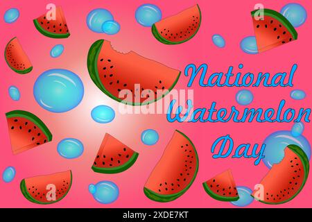 Feiern Sie den National Watermelon Day mit einem lebendigen Vektor aus saftigen Wassermelonenstücken und Blasen. Perfekt für sommerliche Designs und Veranstaltungen. Stock Vektor