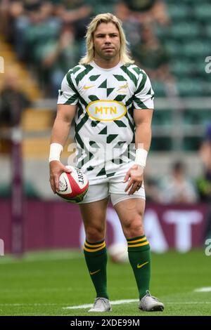 FAF de Klerk Südafrika während des Vorspiels vor dem Qatar Airways Cup Spiel Südafrika gegen Wales im Twickenham Stadium, Twickenham, Großbritannien, 22. Juni 2024 (Foto: Craig Thomas/News Images) Stockfoto