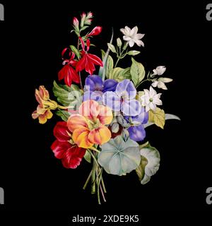 Bunte Blühende Blumen. Ein Blumenstrauß mit lebhaften Farben auf schwarzem Hintergrund. Ideal für quadratische Formate. Stockfoto