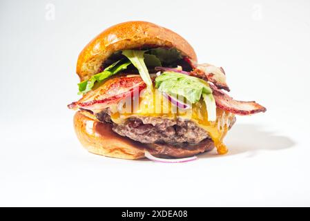 Burger in Gijón, Asturien, Spanien. Vacvno, Old Asturian Cow Burger. Fast Food, zum Mitnehmen. Stockfoto