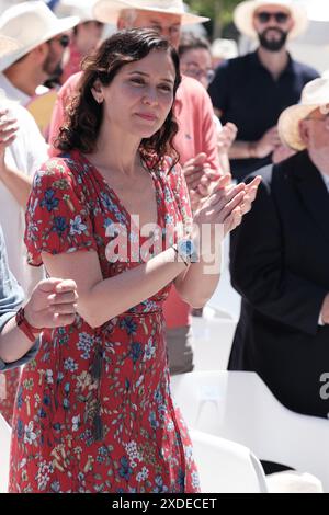 Die Präsidentin der Gemeinschaft Madrid, Isabel Diaz Ayuso, während einer Veranstaltung des PP Madrid, im Berliner Park, am 22. Juni 2024 in Madrid, Spa Stockfoto