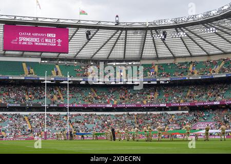 Twickenham, Großbritannien. Juni 2024. Twickenham ist bereit für das internationale Freundschaftsspiel zwischen Südafrika und Wales am 22. Juni 2024 im Twickenham Stadium in Twickenham, Großbritannien. Foto von Phil Hutchinson. Nur redaktionelle Verwendung, Lizenz für kommerzielle Nutzung erforderlich. Keine Verwendung bei Wetten, Spielen oder Publikationen eines einzelnen Clubs/einer Liga/eines Spielers. Quelle: UK Sports Pics Ltd/Alamy Live News Stockfoto