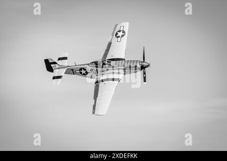 1944 North American P-51D Mustang „Jersey Jerk“ wurde auf der Military Airshow in Shuttleworth am 2. Juni 2024 in die Luft geleitet. Stockfoto