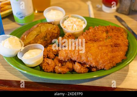 Ein grüner Teller mit köstlichen goldfrittierten Austern, Flunder, Garnelen und Jakobsmuscheln mit Krautsalat und einer gebackenen Kartoffel mit Butter und Sauerrahm. Stockfoto