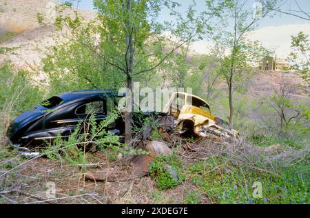 Zwei alte Autos im Wald mit einem verlassenen Haus in der Ferne Stockfoto