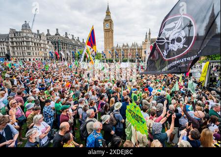 London, Großbritannien. Juni 2024. Der marsch kommt auf dem parlamentsplatz an - Extinction Rebellion Restore Nature Now Demonstration - ein legaler, friedlicher und integrativer öffentlicher marsch und eine Kundgebung, die von XR und anderen Umweltgruppen organisiert wird und alle politischen Parteien einhellig dazu aufruft, diese Parlamentswahlen zum Wendepunkt der Natur zu machen. Guy Bell/Alamy Live News Stockfoto