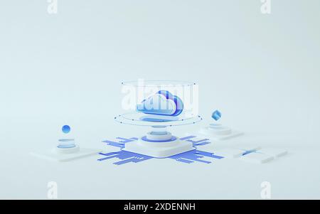 KI-Computer-Rechenzentrum, Datenbank, Datenübertragung. Big Data mit Chipsatz-Konzept. Informationssicherheit vs. Cybersicherheit. 3D-Rendering Stockfoto