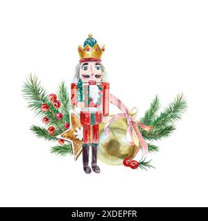 Nussknacker, goldene Kugel, Tannenzweige, Beeren. Handgezeichnete Aquarellillustration isoliert auf weißem Hintergrund. Für Weihnachts- und Neujahrskarten, Inv Stockfoto
