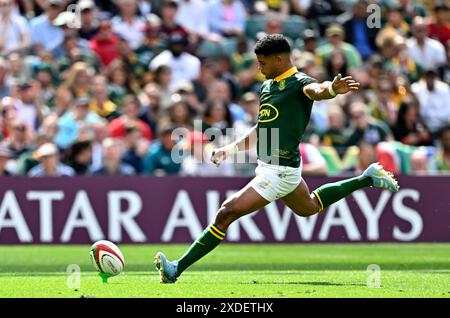 Twickenham, Vereinigtes Königreich. Juni 2024. Südafrika V Wales. Twickenham Stadium. Twickenham . Grant Williams (Südafrika) tritt während des South Africa V Wales, Qatar Airways Cup, Rugby-Matches. Quelle: Sport In Pictures/Alamy Live News Stockfoto