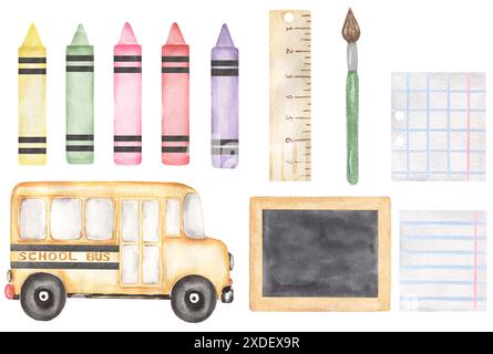 Aquarell Schulelemente Illustration, Bus Clip Art, Lineal, Tafel und Farbstift Clipart Stockfoto