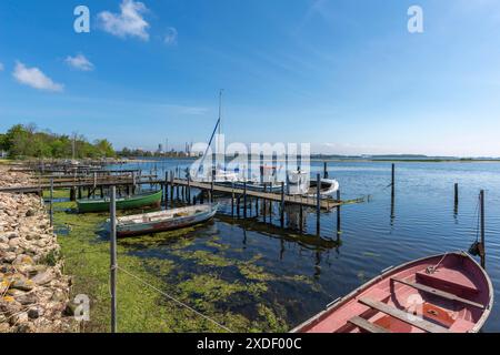 Nyborg am Großen Gürtel, kleiner Hafen, Bootssteg mit Fischerbooten, Ruderbooten, Uferzone, Idylle, Industrieanlagen am Horizont, Ostsee Stockfoto