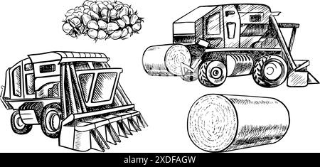 Baumwollerntemaschine. Eine schwarz-weiße Vektorgrafik-Illustration, die von Hand gemacht wurde. Eine stilisierte Komposition eines modernen Baumwollernters und einer Baumwollernte Stock Vektor