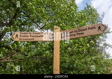 Wegschild oder Wegweiser von Küste zu Küste im North York Moors National Park, North Yorkshire, England, Großbritannien, ein Fernwanderweg Stockfoto