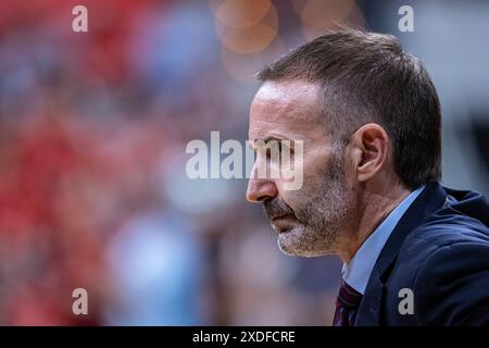 Murcia, Spanien. Juni 2024. Spanische Basketball-Liga zwischen UCAM CB und Real Madrid, drittes Spiel um den Titel der Liga, im Deport Palacio de los Stockfoto