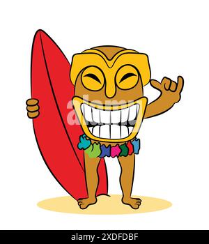 Tiki Happy Surfing Day Cartoon Figur – lustige und lebendige Strand-Thema-Illustration Stock Vektor