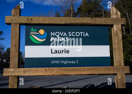 Willkommen im Laurie Park Schild auf NS 2 in Oakfield, Nova Scotia, Kanada Stockfoto