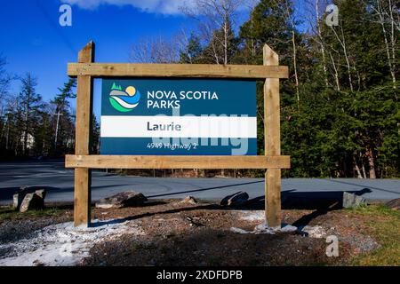 Willkommen im Laurie Park Schild auf NS 2 in Oakfield, Nova Scotia, Kanada Stockfoto