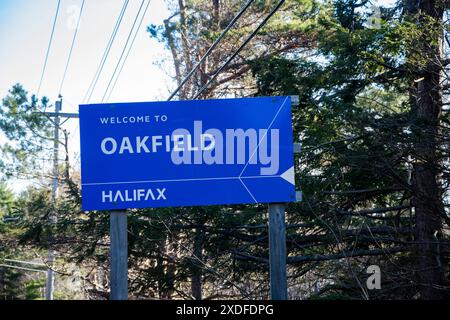 Willkommen bei Oakfield Sign on NS 2 in Nova Scotia, Kanada Stockfoto