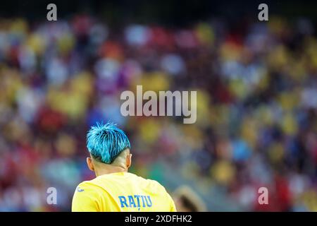 Köln, Deutschland. Juni 2024. Rumäniens Andrei Ratiu in Aktion während des Gruppenspiels der UEFA Euro 2024 zwischen Belgien und Rumänien im Kölner Stadion. Quelle: Rolf Vennenbernd/dpa/Alamy Live News Stockfoto