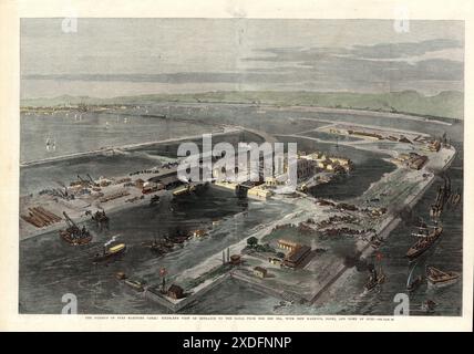 Der Meereskanal von Suez: Blick aus der Vogelperspektive auf den Eingang des Kanals vom Roten Meer, mit neuem Hafen, Docks und Stadt Suez. The Illustrated London News, april 1869. Historische Vintage-Kunstwerke. Lithographie, 19. Jahrhundert Stockfoto