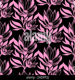 Einfaches grafisches nahtloses Muster rosafarbener Magnolienblüten auf schwarzem Hintergrund, Textur Stockfoto