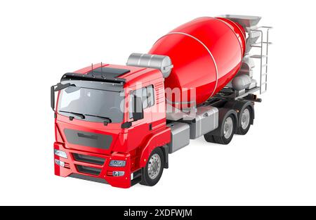 Roter Betonwagen, Zementmischer-Lkw. 3D-Rendering isoliert auf weißem Hintergrund Stockfoto