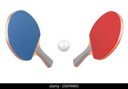 Tischtennis, Tischtennisschläger und Ball. 3D-Rendering isoliert auf weißem Hintergrund Stockfoto
