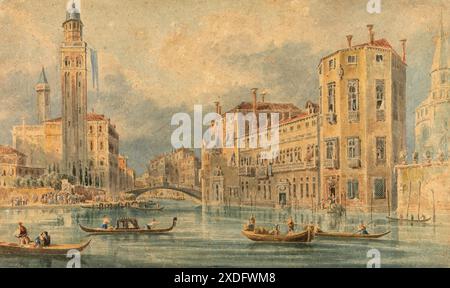 Aquarell- und Graphitgemälde einer venezianischen Fantasie des Malers John Henderson, einem Anhänger von Canaletto-Kunstwerken Stockfoto