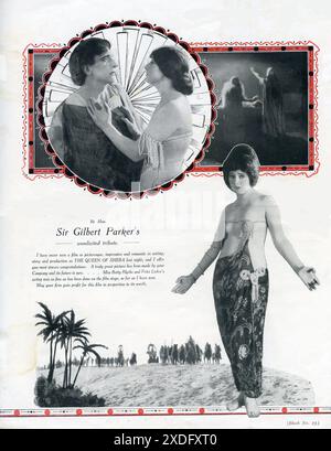 Eine Seite aus dem britischen Pressbook für The Lost Silent Film THE QUEEN OF SHEBA 1921 mit BETTY BLYTHE in der Hauptrolle Regisseur J. GORDON EDWARDS Story VIRGINIA TRACY Betty BLYTHE Kostüme entworfen von MARGARET WHISTLER Produzent WILLIAM Fox Film Corporation Stockfoto