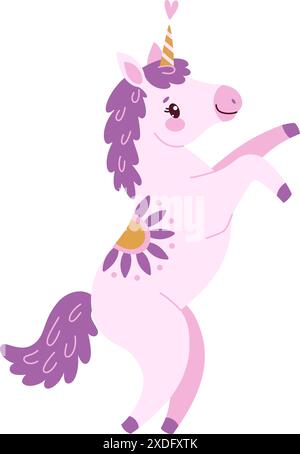 Niedliches, magisches Einhorn aus Lavendel. Romantisches magisches Pony Hand gezeichnet flach Stil isoliert für Grußkarte, Poster, Druck, T-Shirt, Partykonzept, Kinderbücher, Tapeten. Vektorabbildung Stock Vektor