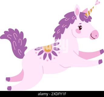 Niedliches, magisches Einhorn aus Lavendel. Romantisches magisches Pony Hand gezeichnet flach Stil isoliert für Grußkarte, Poster, Druck, T-Shirt, Partykonzept, Kinderbücher, Tapeten. Vektorabbildung Stock Vektor