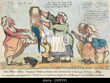 Ein humorvoller, unhöflicher Cartoondruck farbiger Gravur des Duke Manifestos triumphierender Einzug in Paris von William Dent, veröffentlicht von James Aitken. 1792 18. Jahrhundert, handkolorierte Ätzung auf Papier menschliche Karikaturen Kunstwerk aus georgianischer Zeit Vintage-Antiquitätendruck. Der Herzog von Braunschweig wird von einer Gruppe von Fischfrauen misshandelt, die ihm einen Kammertopf über den Kopf leeren Stockfoto