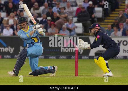 Chester le Street, 21. Juni 2024. George Hill schlug für Yorkshire Vikings gegen Durham Cricket im T20 Blast in Seat Unique, Chester le Street. Quelle: Colin Edwards Stockfoto